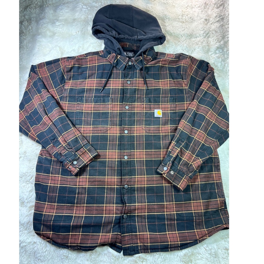 Carhartt Relaxed Fit Hooded Flannel Shirt Jac Plaid Brown Black 2XL Mens. A10
